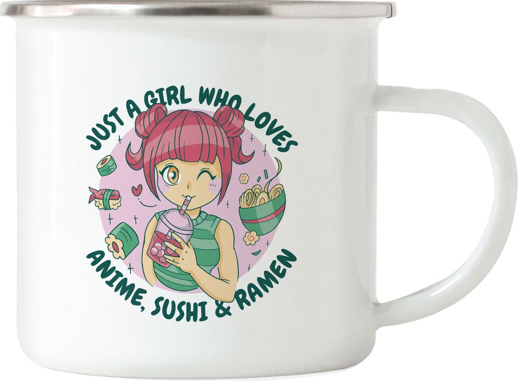 Just a girl who loves Anime, Sushi and Ramen Emaille Tasse Produktbild 