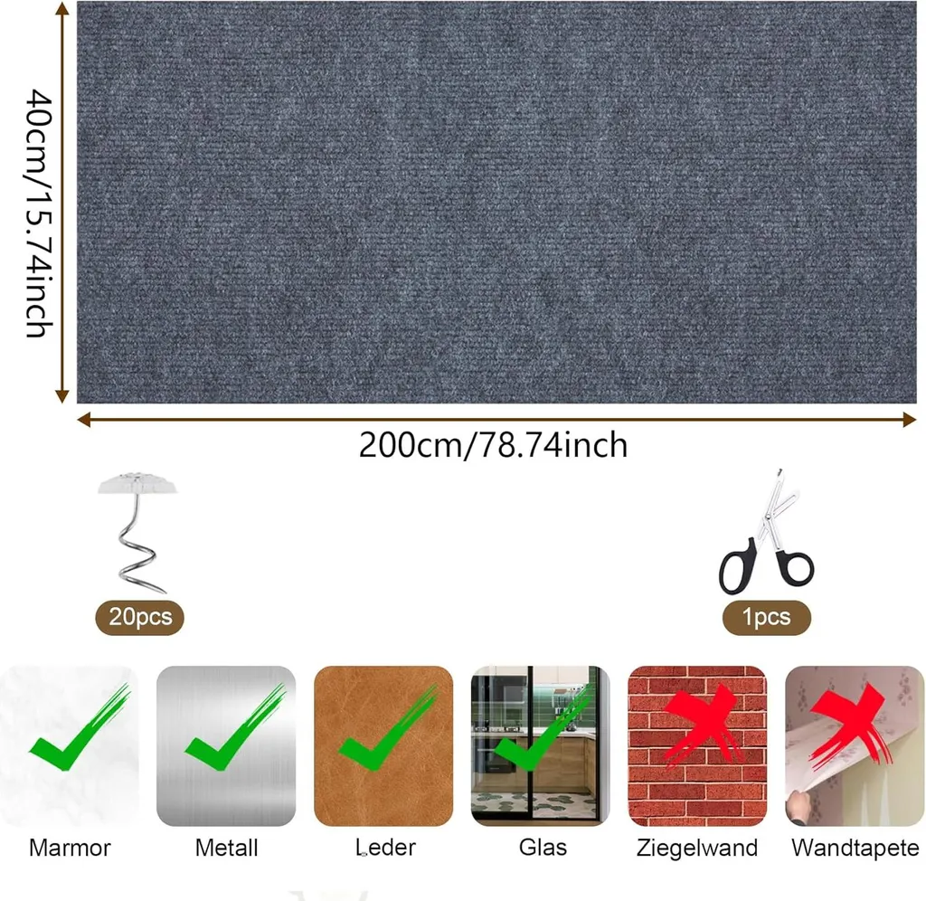 Tapis à griffer pour chat découpable et autocollant gris de 200x40cm
