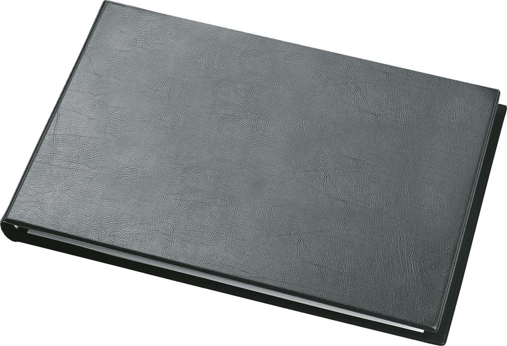A closed black ring binder is shown from a slightly elevated angle against a white background.