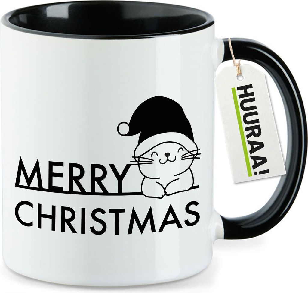 Huuraa Kaffeetasse Merry Christmas Katze 330ml Schwarz Keramik Kaffeebecher Geschenkidee