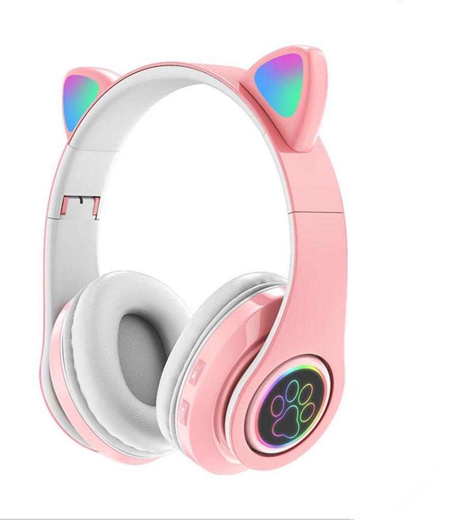 Kopfhörer Bluetooth LED kabellos Katzenohr, Faltbare Headset,Wireless Bluetooth 5.0 Glühende Headset Kopfhörer Einstellbare für Smartphone - Rosa