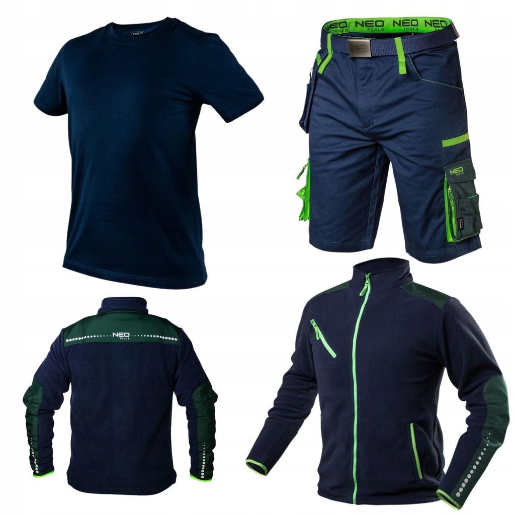 NEO TOOLS Herren Kurze Arbeitshose + Fleece-Arbeitsjacke und T-shirt, Hosengürtel (Set) Gr. S(48) - 3XL(58) / Gr. S