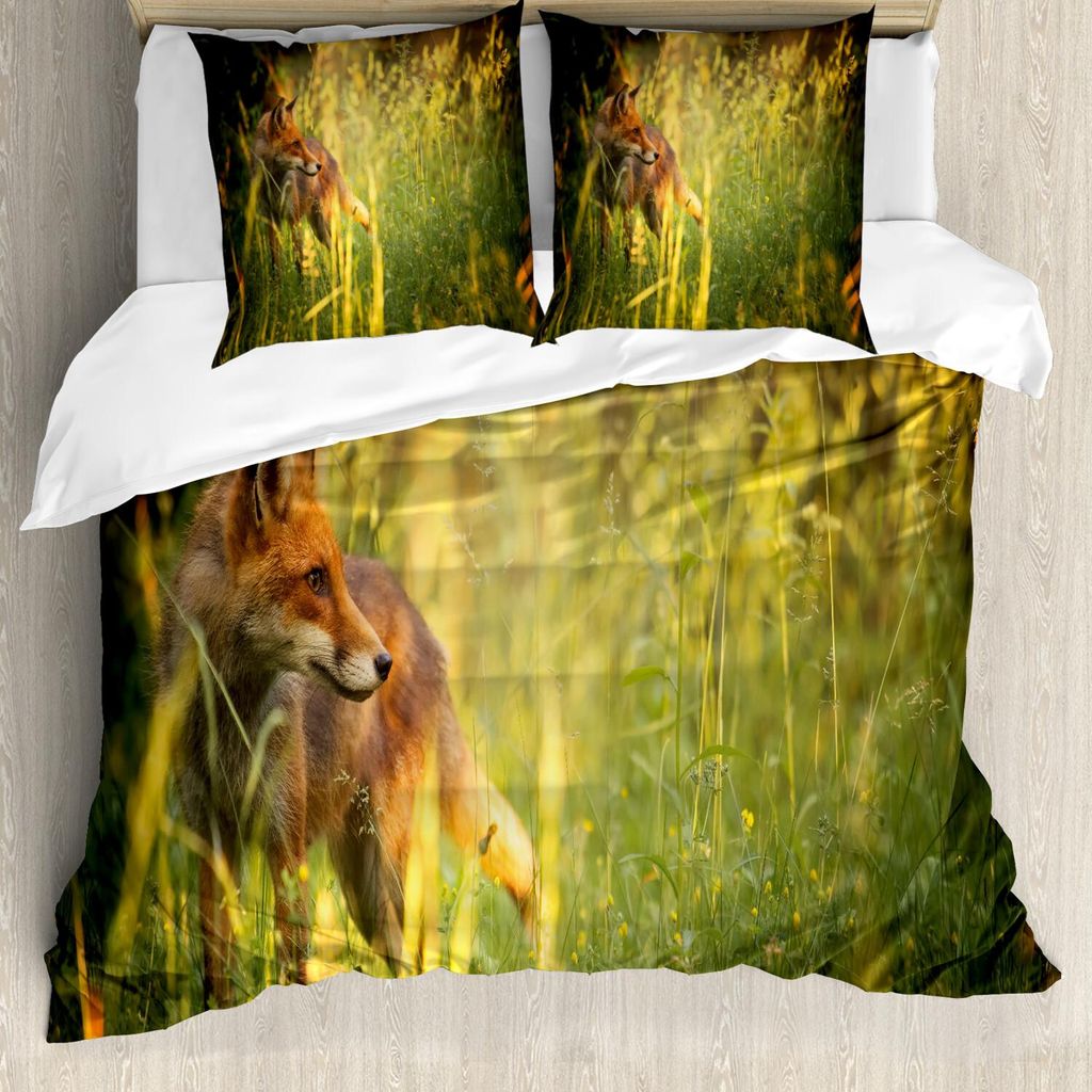 ABAKUHAUS Fuchs Bettbezug Set, Fox in der Sommer-Wald-frischen Wiesen-Gras-Wildnis-Vixen-Säugetier-Natur, 155 x 220 cm + 80 x 80 cm, Gelb Grün Or...
