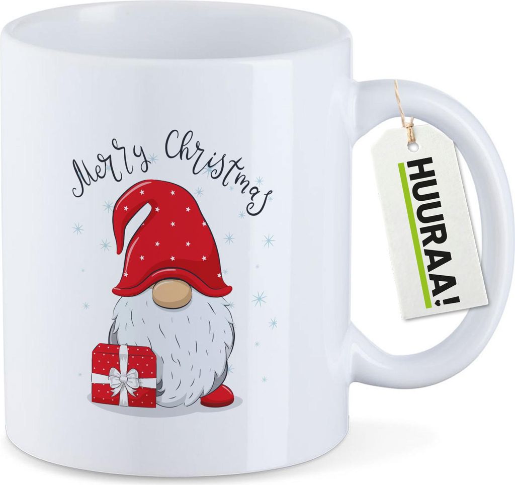 Huuraa Kaffeetasse Merry Christmas Wichtel 330ml Weiß Keramik Kaffeebecher Geschenkidee
