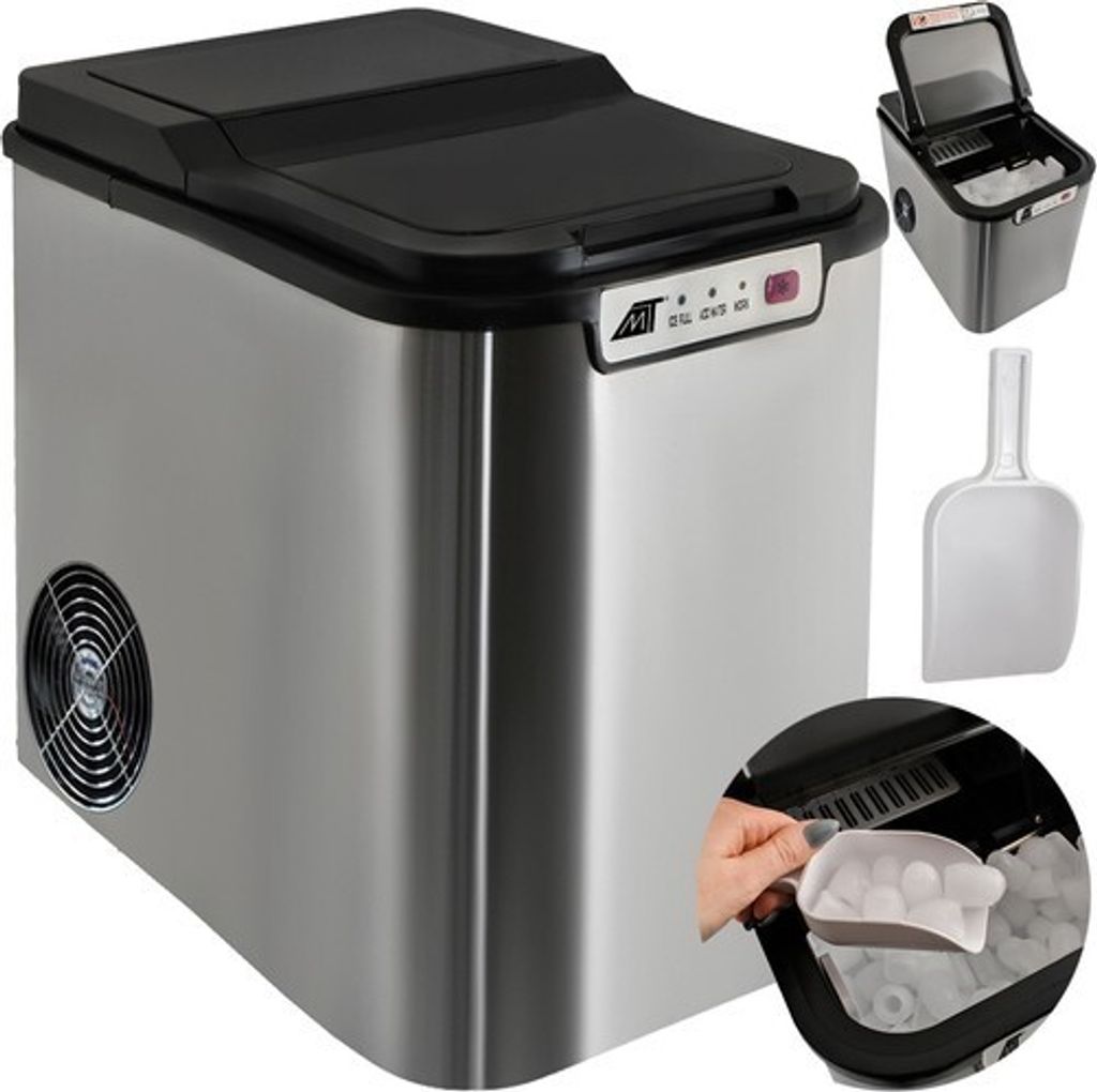 A collage showing a stainless steel ice maker, an open ice maker with ice inside, a white ice scoop, and a hand scooping ice.