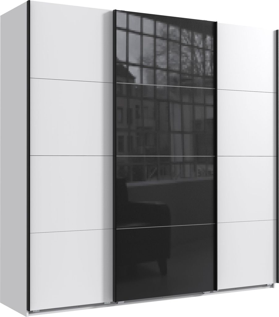 Schwebetürenschrank Kleiderschrank B225 cm extra H236 cm 3-türig Weiß, 1x Tür Glas Schwarz / 22543