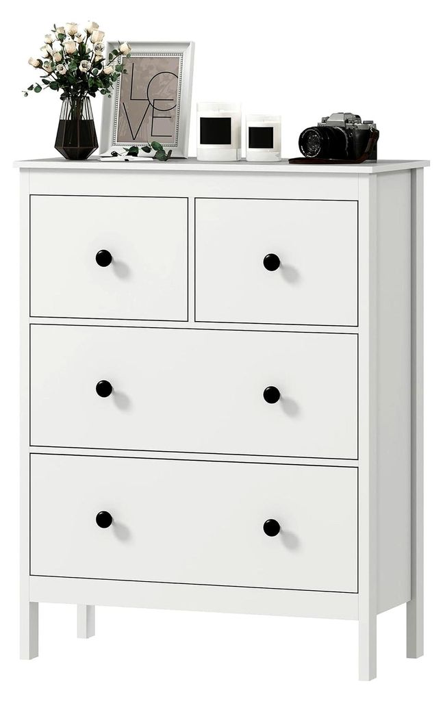 Kommode Sideboard mit 4 Schubladen, moderner Aufbewahrungsschrank für Wohnzimmer, Schlafzimmer und Flur, 74 x 35 x 97 cm, Weiß