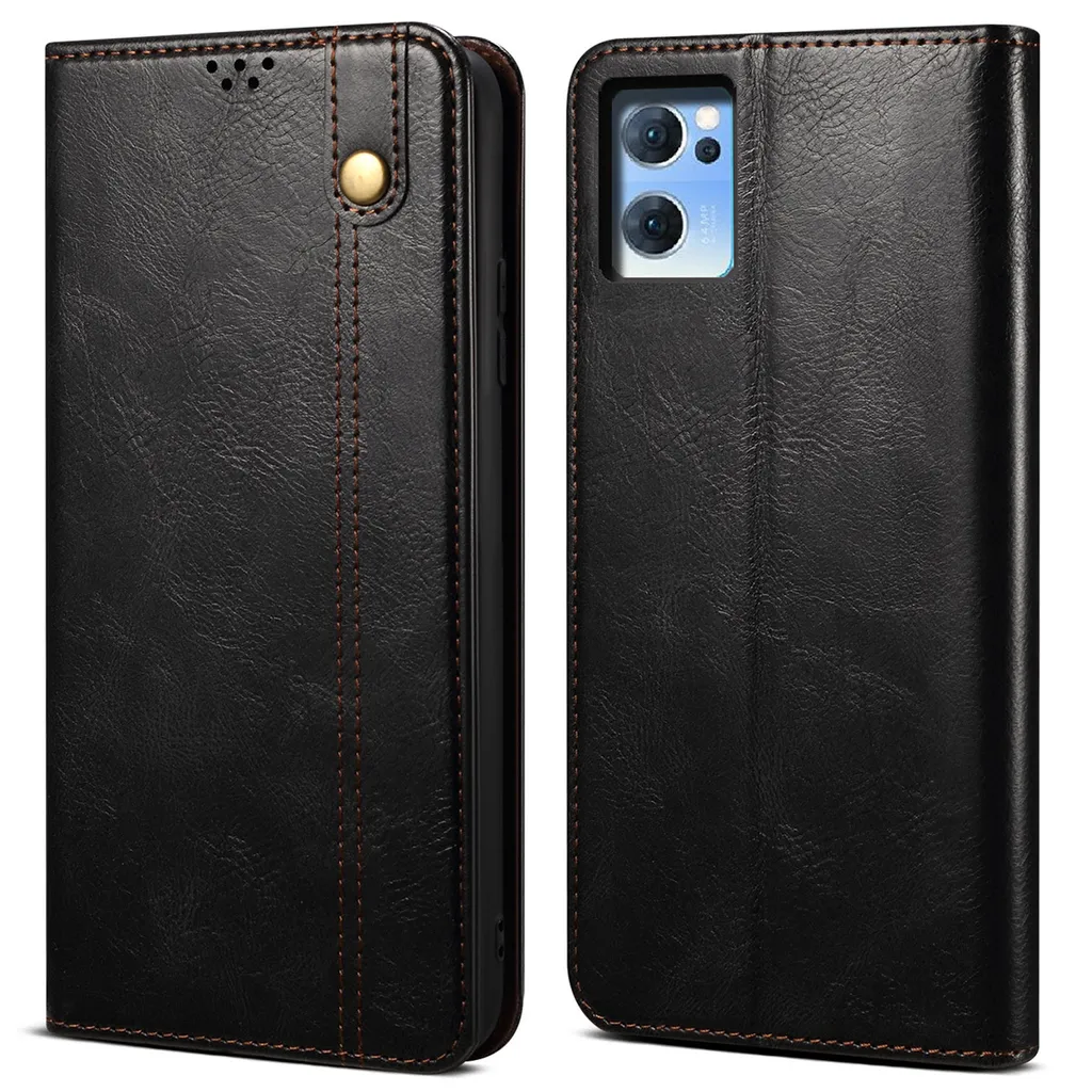 Cover Portafoglio OPPO Reno7 SE 5G in Pelle Nera - Funzione Stand Business
