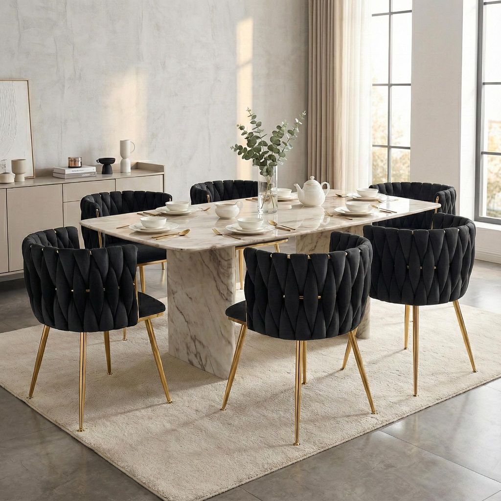 LVHOM Esszimmerstühle Samtbezug Wohnzimmerstuhl 6er Set Polstertuhl Geflochtener Stil, Esszimmer Stuhl, Goldene Metallrahmen, Schwarz
