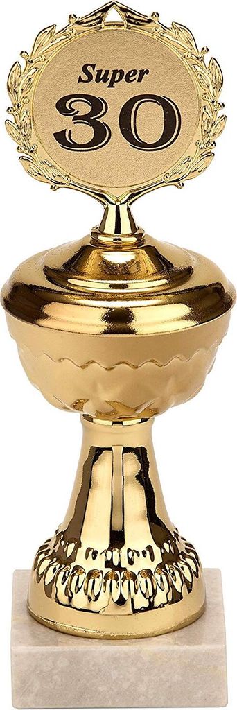BRUBAKER Pokal mit Jahreszahl - goldene Trophäe mit Marmorsockel - Geschenkidee für runde Geburtstage Jubiläen - Motiv: Super 30