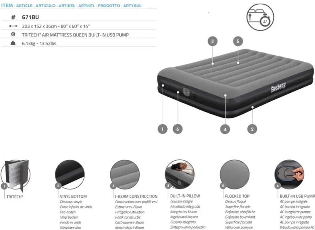 Bestway TriTech lit à air gonflable 2 places avec pompe USB intégrée - 13
