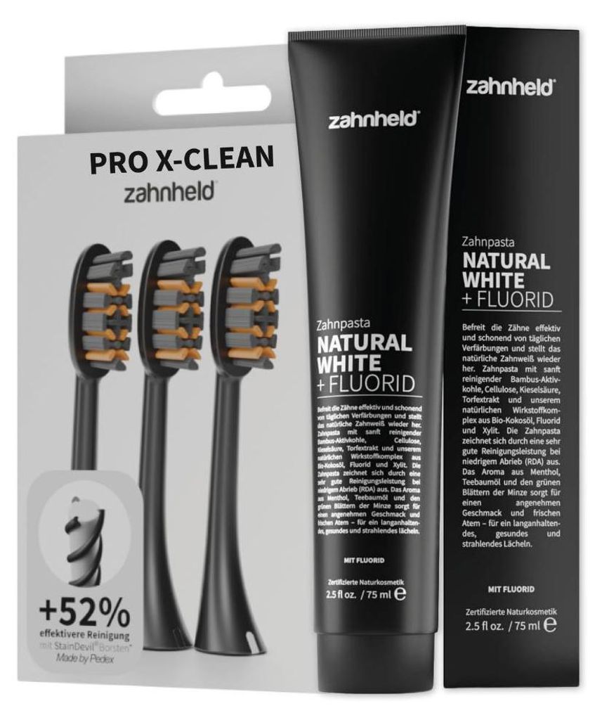 Zahnheld Zahnpasta Natural White mit Bürstenkopf Pro X-Clean im Vorteilspack in schwarz - Wechselköpfe, Zahncreme mit Fluorid und Aktivkohle