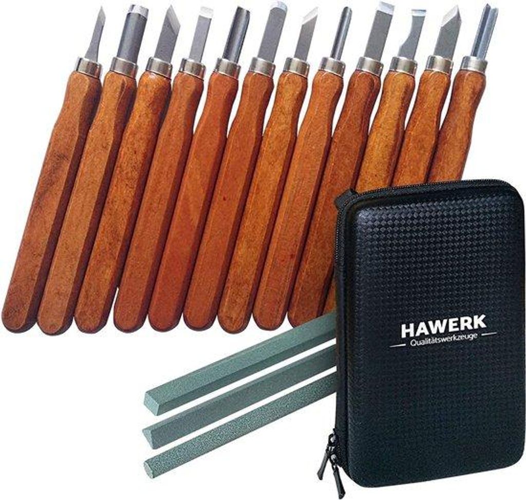 Holzsnitzwerkzeug-Set, 12-teilig, mit 3 Schleifsteinen und Schutzgehäuse