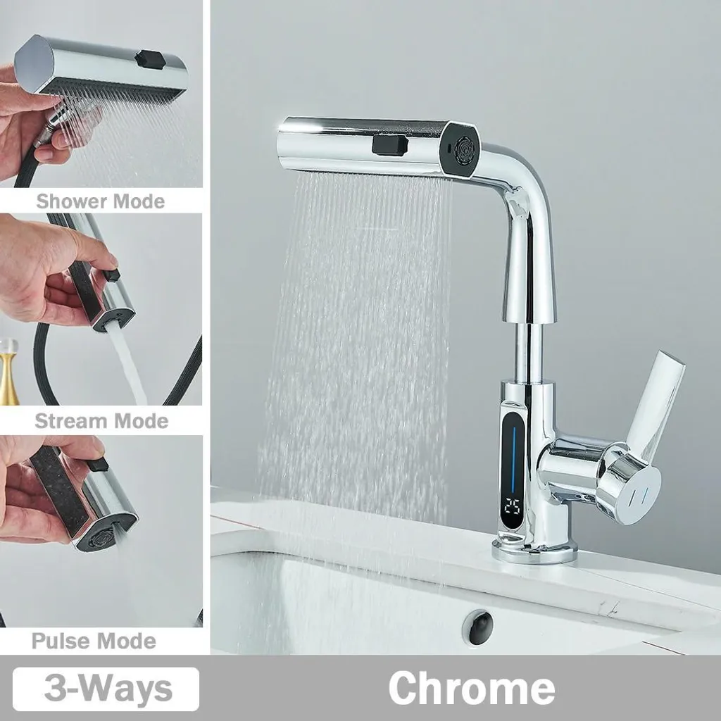 Mitigeur lavabo affichage numérique et douchette 3 jets coloris Jaune