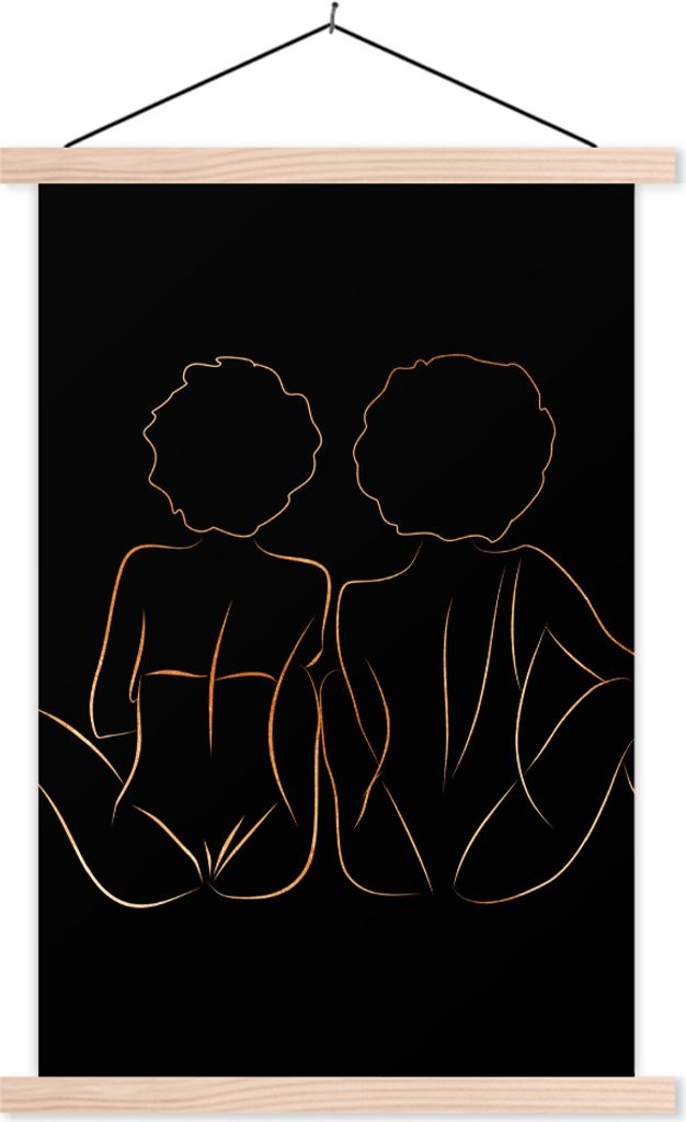 MuchoWow Textilposter Frauen - Linienkunst - Schwarz und Gold 120x180 cm mit holzfarbenen Rahmen - Textil-Plakat
