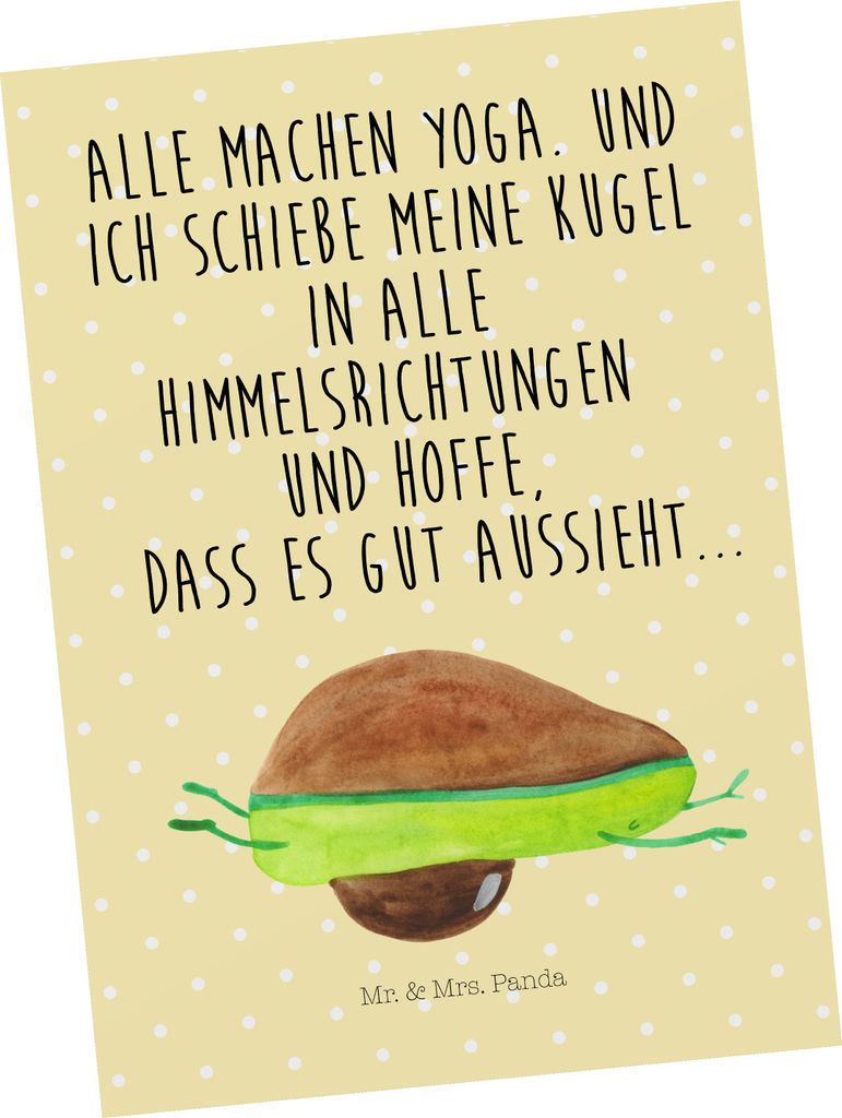 Mr. & Mrs. Panda Grußkarte Avocado Yoga - Gelb Pastell - Geschenk, Postkarte, Fotokarte, Haha, Humor, Ansichtskarte, Hilfe, Ansichtskarten, Bauch,...