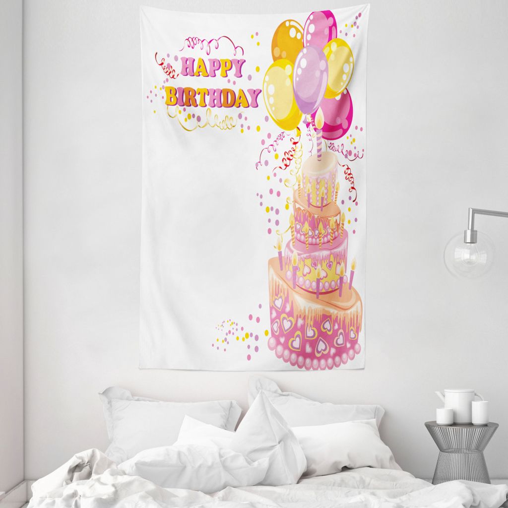 ABAKUHAUS Geburtstagsparty Wandteppich und Tagesdecke, Mädchen Themenkuchen aus Weiches Mikrofaser Stoff Waschbar ohne Verblassen Digitaldruck, 14...