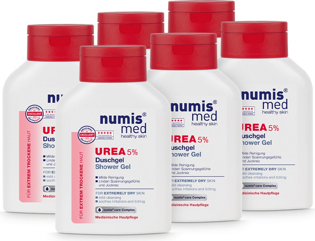 numis med Duschgel mit 5% Urea - Hautberuhigendes Duschgel für extrem trockene, zu Juckreiz neigende Haut 6x 200 ml