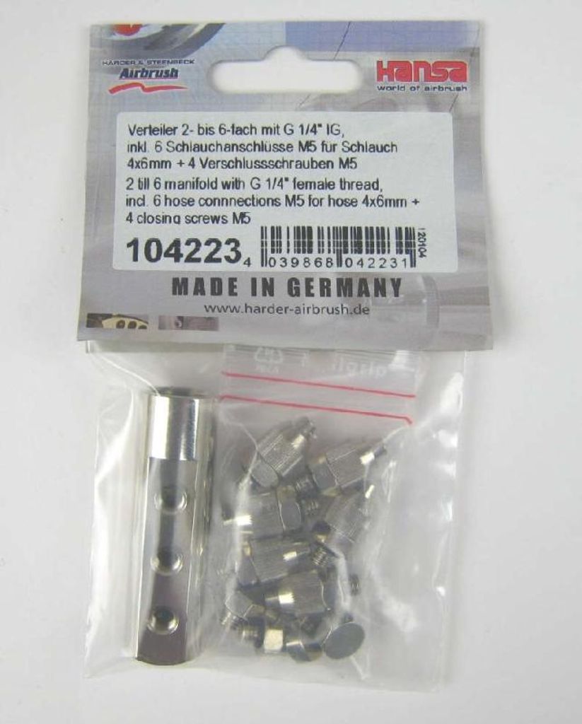 Verteiler 2- bis 6-fach mit G1/4 Zoll Innengewinde, 6 Schlauchanschl. M5 für Schlauch 4x6 mm, 4 Verschluss-Schrauben M5 ***