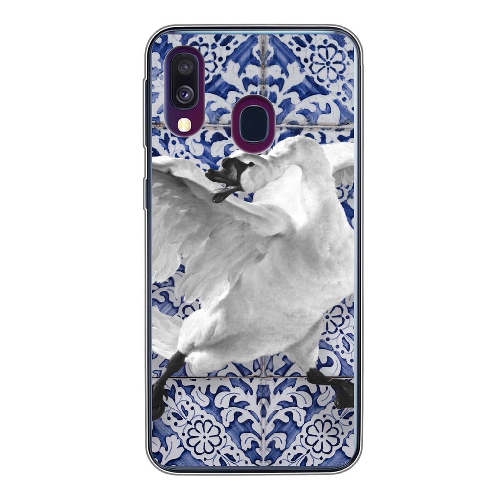 MuchoWow Handyhülle Schutzhülle Hülle für Samsung Galaxy A40 Schwan - Kunst - Delfter Blau - Malerei - Alte Meister Silikon Softcase Handy H...