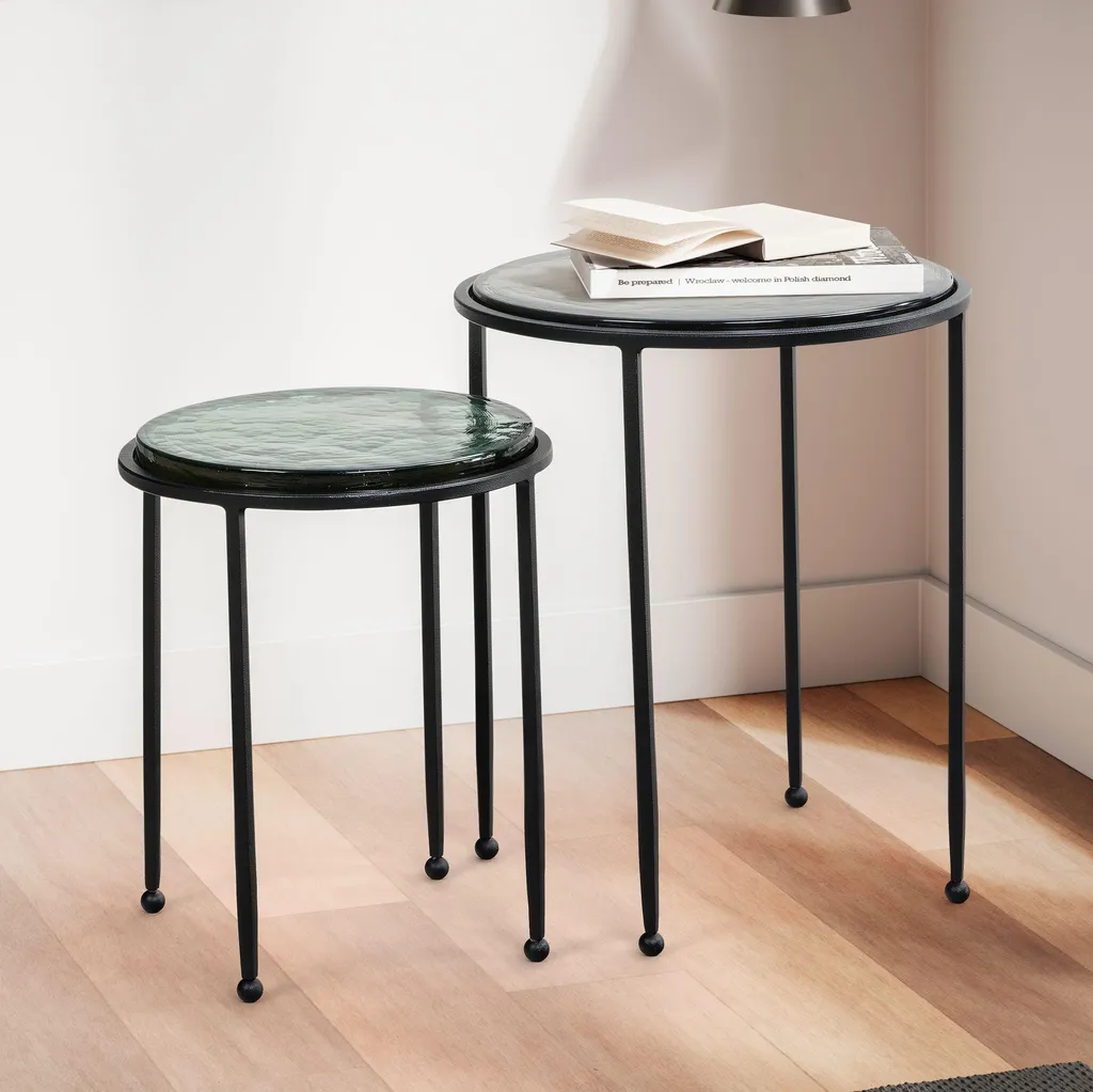 Table basse gigogne ronde lot de 2 en métal et verre vert pour salon