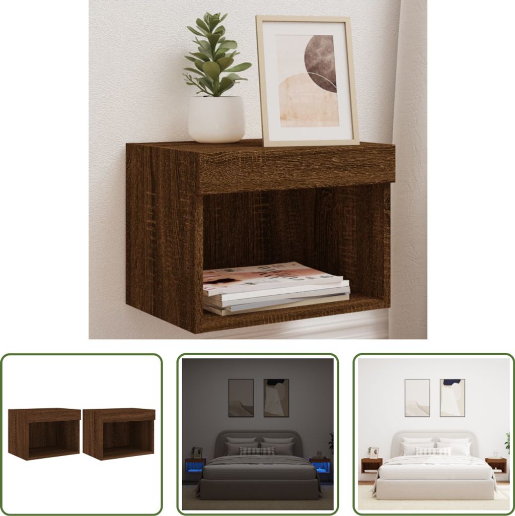 The Living Store Wand-Nachttische mit LED-Leuchten 2 Stk. Braun Eichen-Optik