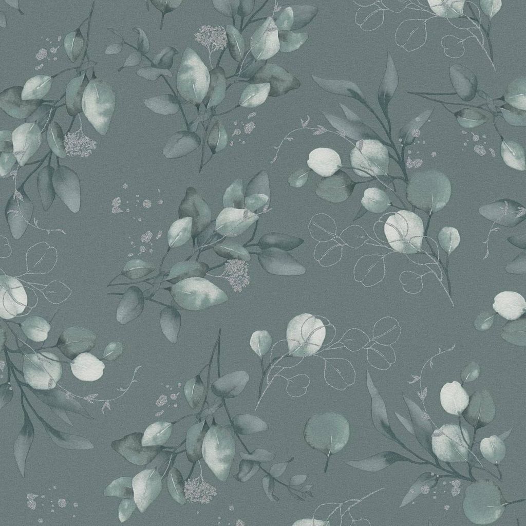 Florale Aquarell-Tapete Dunkelgrün Silber – Vliestapete mit Produktbild 