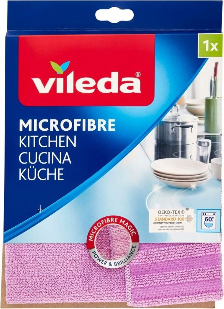 The image shows the packaging of a Vileda Microfibre Kitchen cloth.