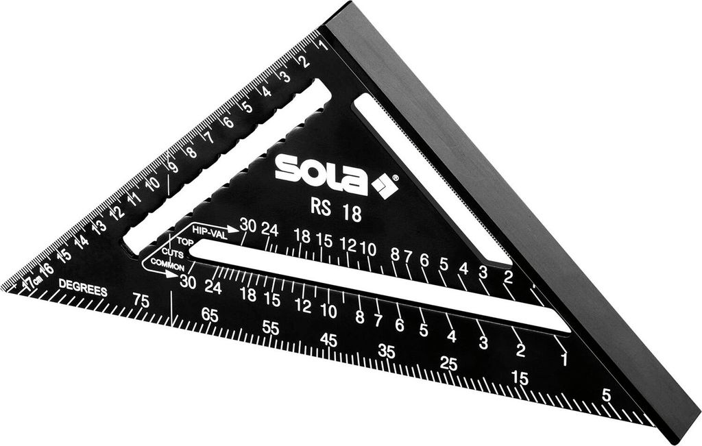 A black carpenter's square with markings for angles and measurements.
