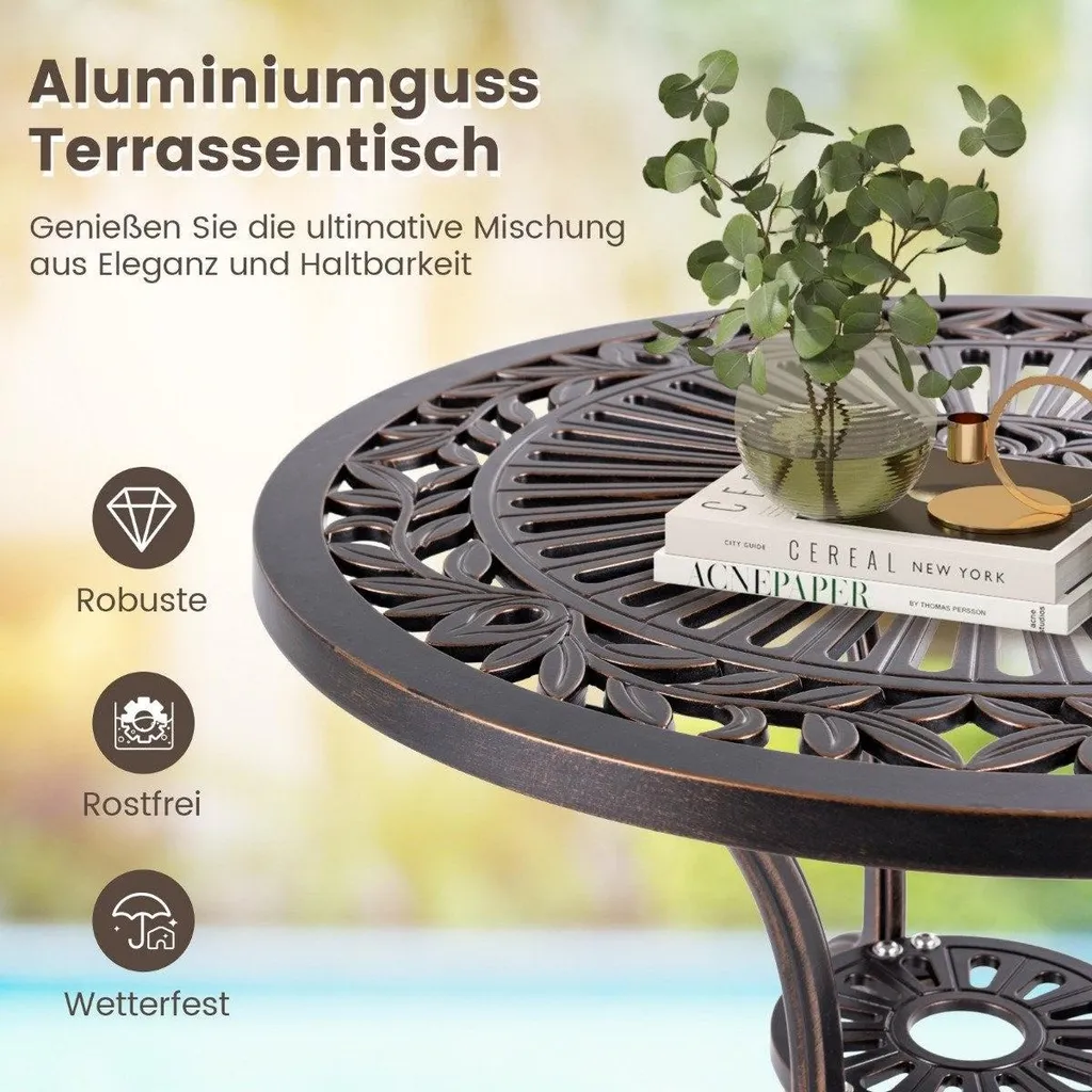 Table de bistro en fonte d'aluminium rouge cuivre avec trou de parasol