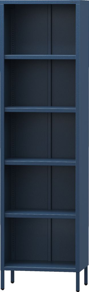 A dark blue metal bookshelf with five shelves, shown against a white background.