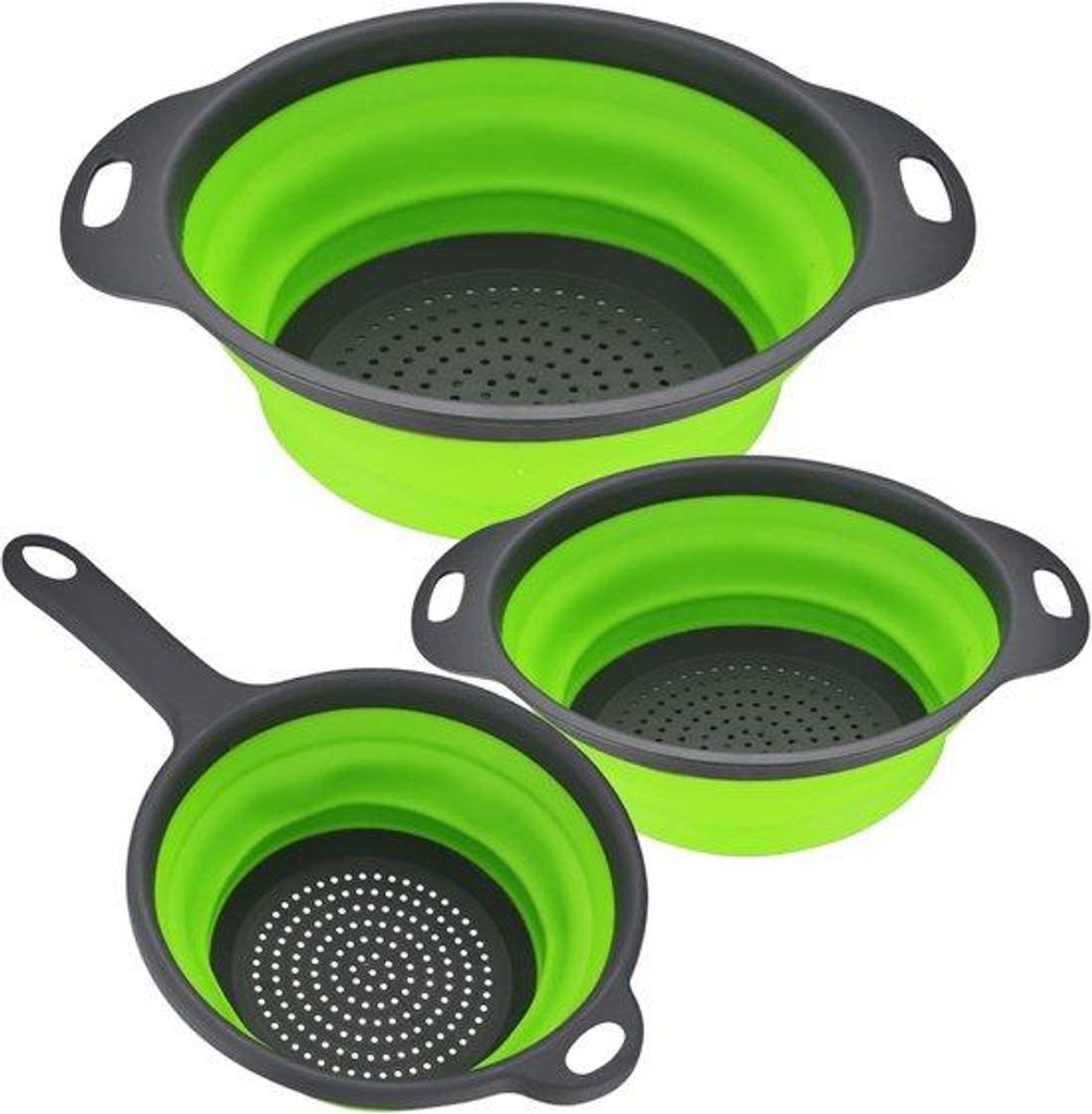 Silikon-Filter-Set, 3-teilig, inkl. Ablaufregen, Patscher, Klapp-Filter, Handgriff, Pflanzensieb, grün