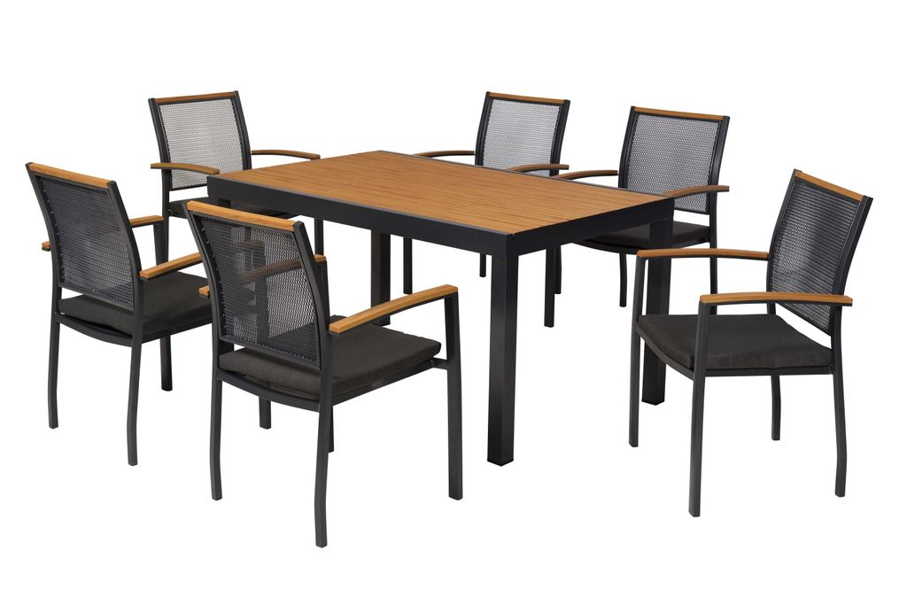 Merxx Gartenmöbel Set Itanos 13tlg., 6 Stapelsessel inkl. Sitzkissen, Tisch 150 90 cm- Aluminium/Kunststoff