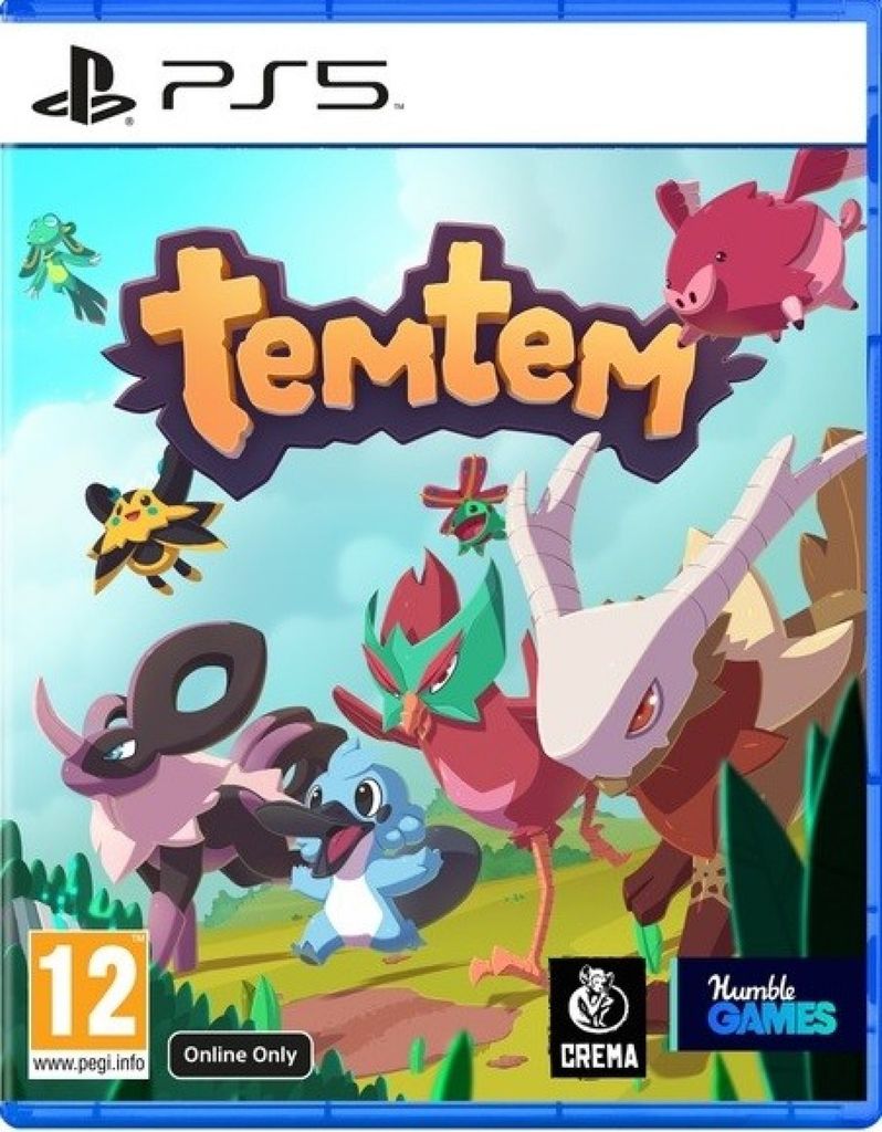 The image shows the front cover of the PS5 game Temtem, featuring various colorful characters and the game's title.