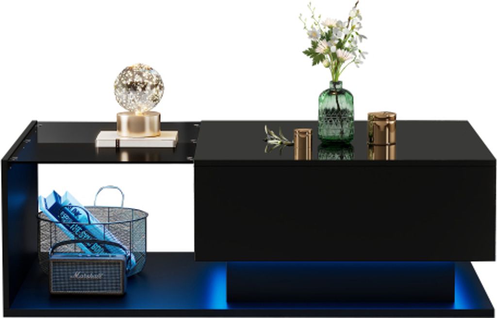 Tisch 100x50x32 cm Schwarz Spanplatte Schublade LED-Wohnzimmertisch Couchtisch Glasplatte Schubladen kratzfest LED-Beleuchtung moderner