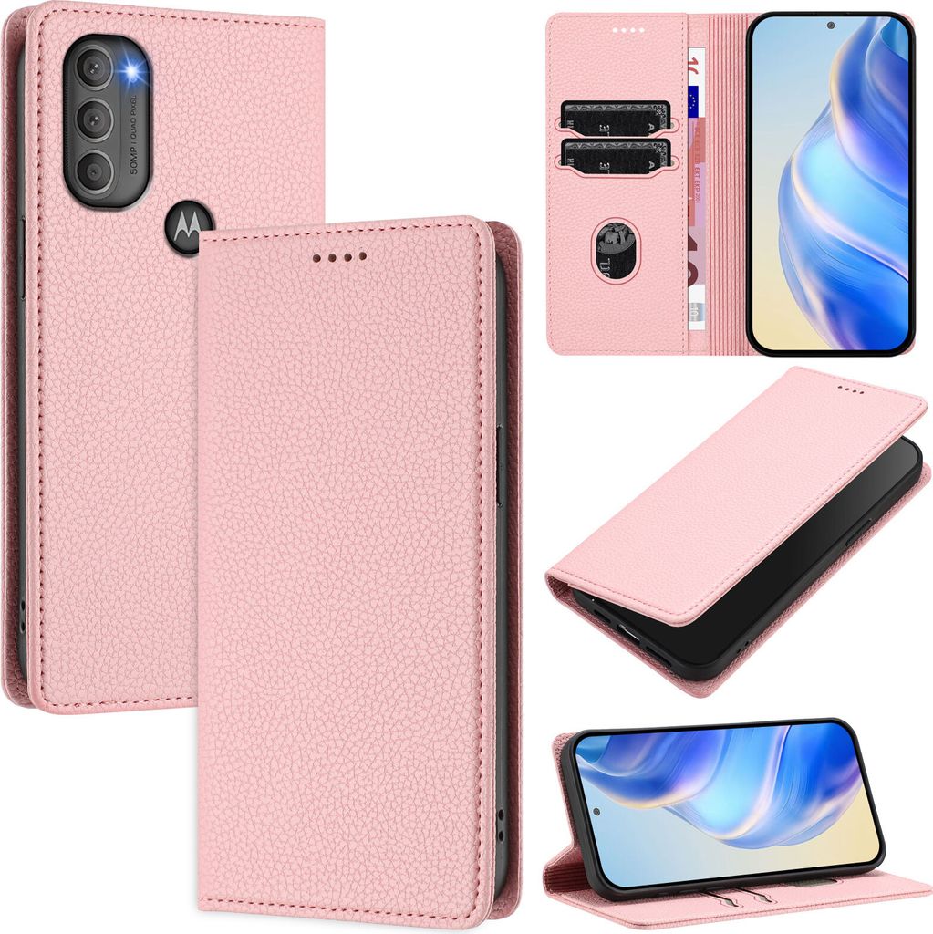 Litchi Leder Handyhülle für Motorola Moto G71 5G Wallet Kartenfächer Standfunktion Hülle Pink