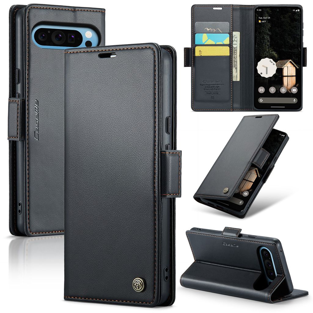 Lederhülle für Google Pixel 9 Pro XL Brieftasche Kartenfach Schutzhülle mit Standfunktion Schwarz