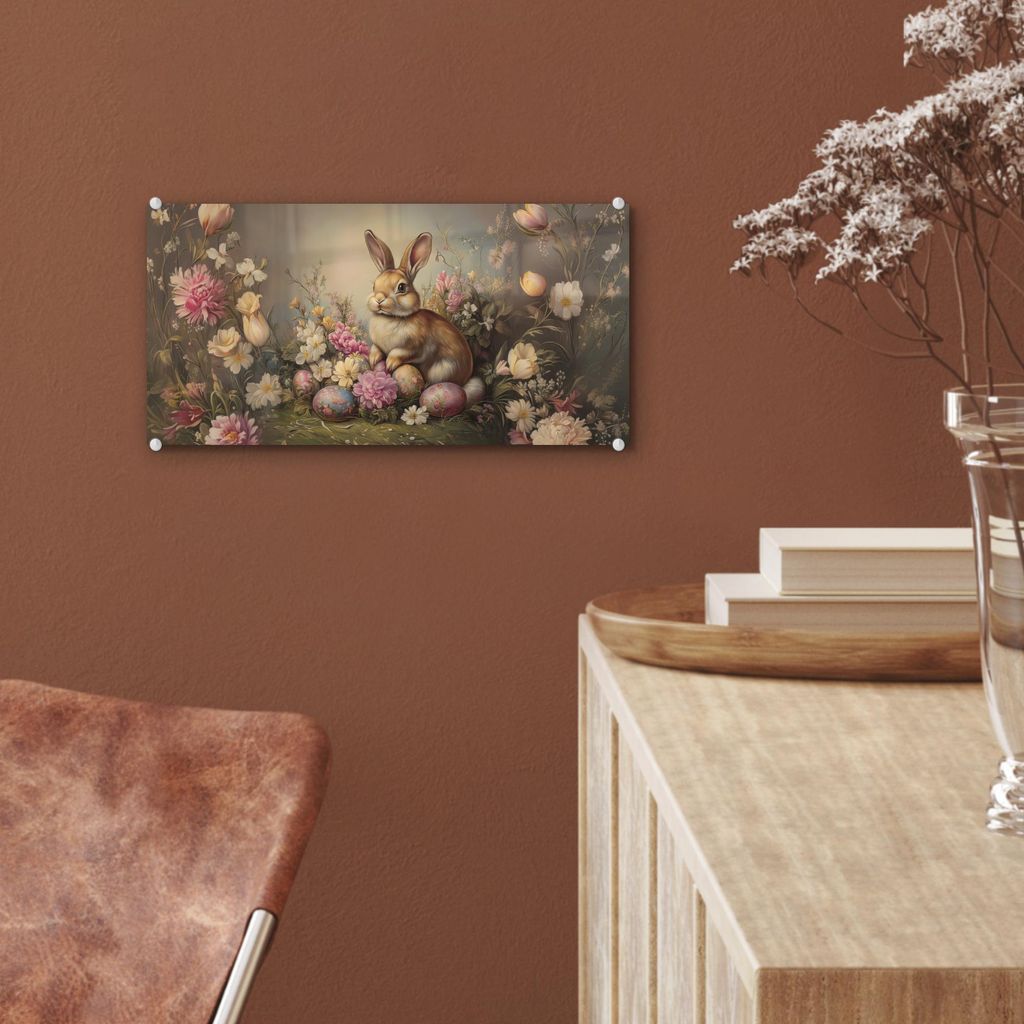 MuchoWow Glasbilder - Bilder auf Wandbild - Foto auf Glas Hase - Stilleben - Blumen 40x20 cm Wanddekoration aus Glas - Acrylglasbild - Acrylbilder ...