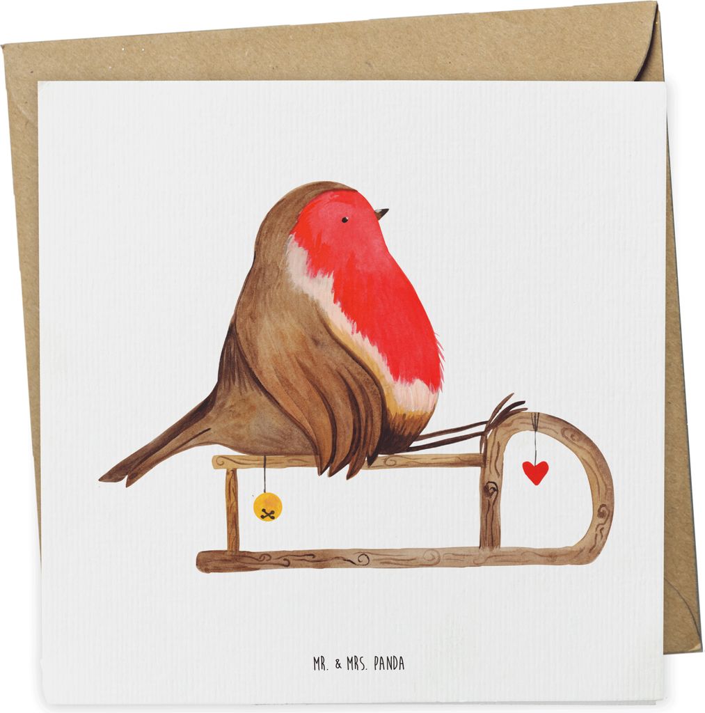 Mr. & Mrs. Panda Glückwunschkarte Rotkehlchen Schlitten - Weiß - Geschenk, Weihnachten, Klappkarte, Vogel, Wintermotiv, anlasskarte, doppelkarte,...