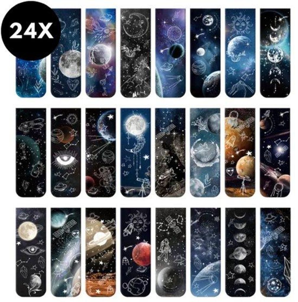Ultiluxe Magnetische Bücherzeichen - 24 Stück - Mond/Sterne - Milchstraße/Universum - Seitenmarkierer - Marmer-Magnete