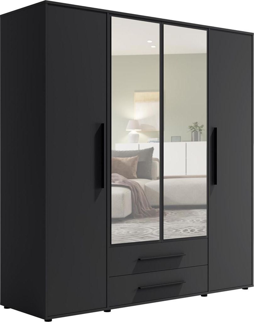 BETTSO Schwarzer viertüriger Drehkleiderschrank MAXIVO mit Schubladen und Spiegel