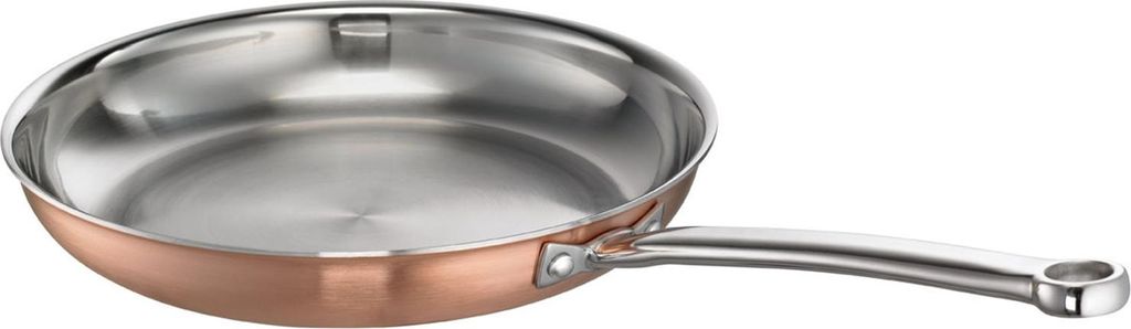 A single frying pan with a copper exterior and stainless steel interior, shown from a diagonal angle against a white background.