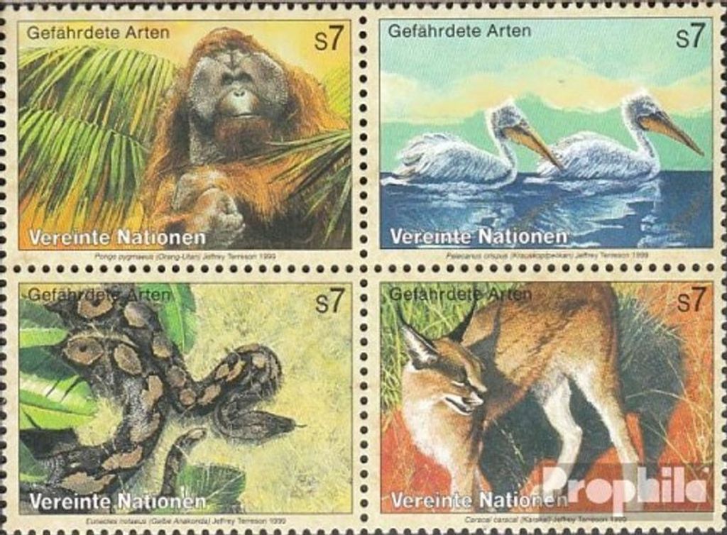 Briefmarken UNO - Wien 1999 Mi 287-290 Viererblock (kompl.Ausg.) FDC Gefährdete Tiere