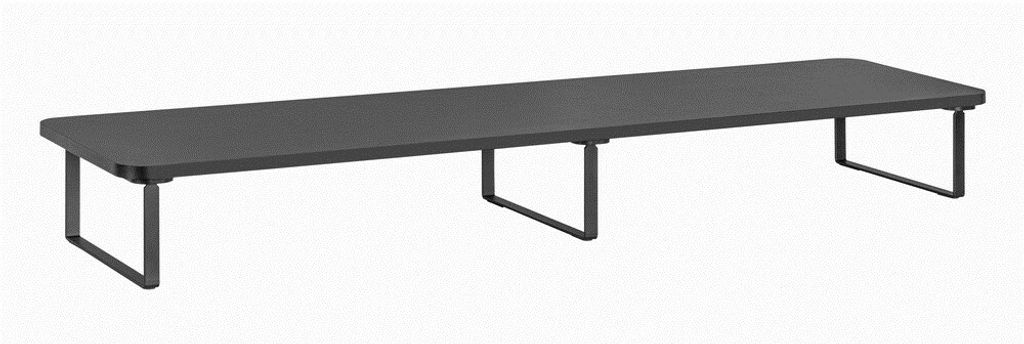 A long, rectangular monitor stand with metal legs, shown from a slightly elevated side angle against a white background.