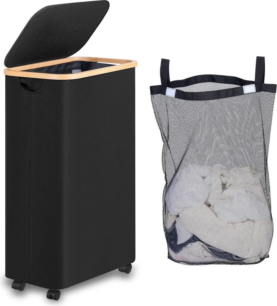 Panier à Linge Pliable 75L iEGrow Noir sur Roulettes Gain de Place