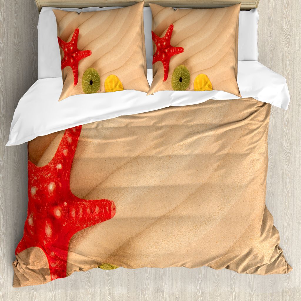 ABAKUHAUS Muscheln Bettbezug, Exotische Caribbean Beach, Milbensicher Allergiker geeignet mit Kissenbezügen, 200 cm x 200 cm - 80 x 80 cm, Sand, B...