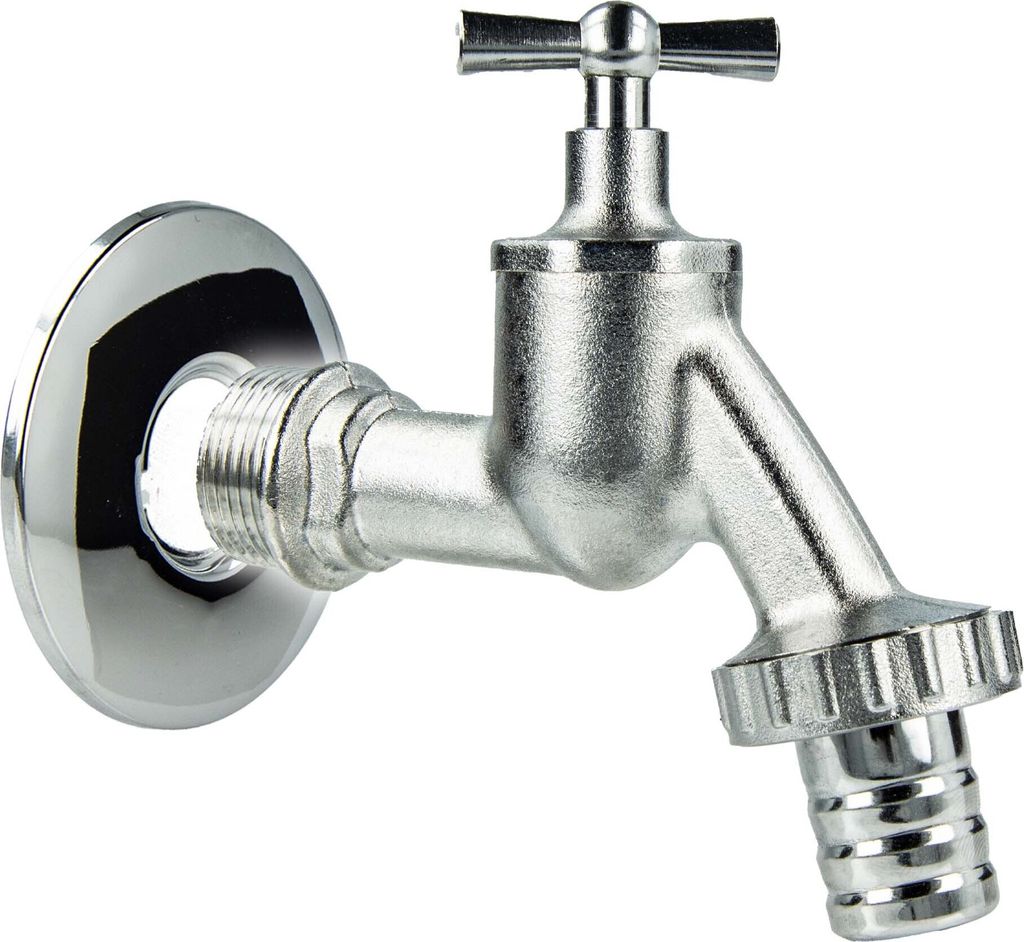 tecuro Auslaufventil 3/4 Zoll, Knebeloberteil, Schlauchtülle, Wandrosette - Messing mattverchromt