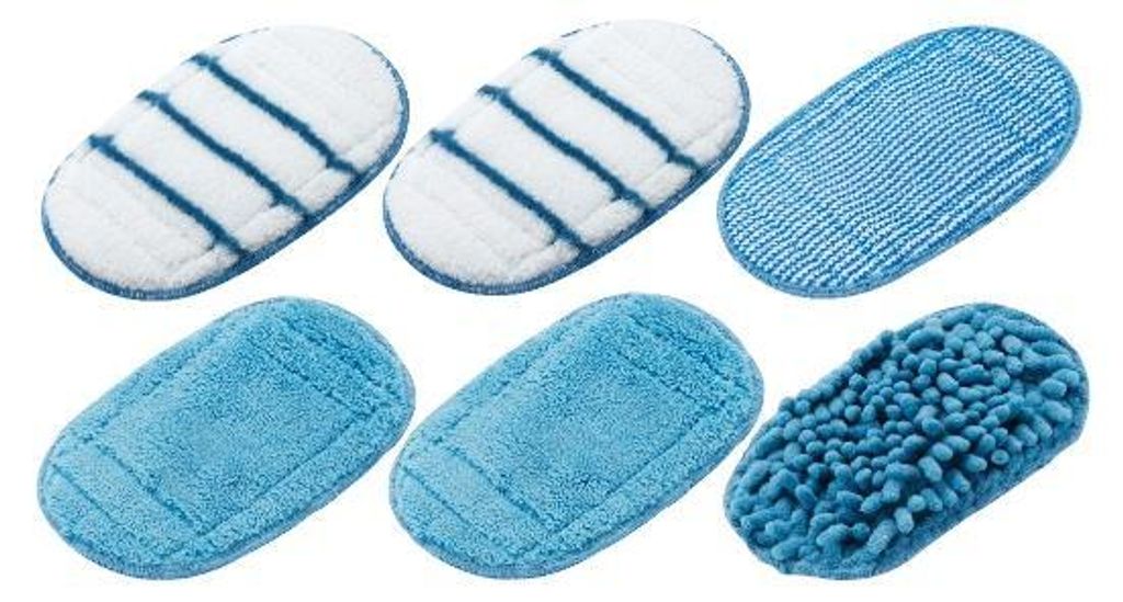 Six different cleaning pads arranged in two rows of three.
