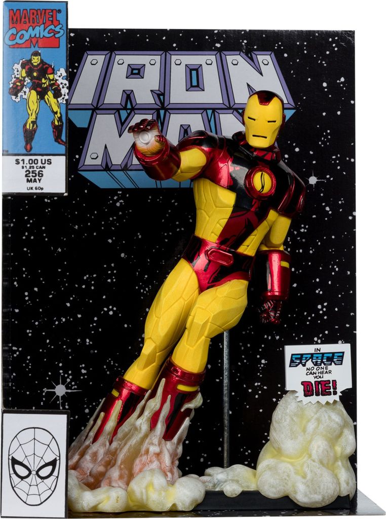 Iron Man action figure posed in flight against a starry background, with comic book elements.