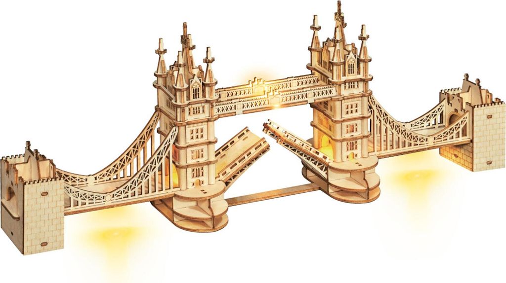 A 3D wooden model of the Tower Bridge with lights.